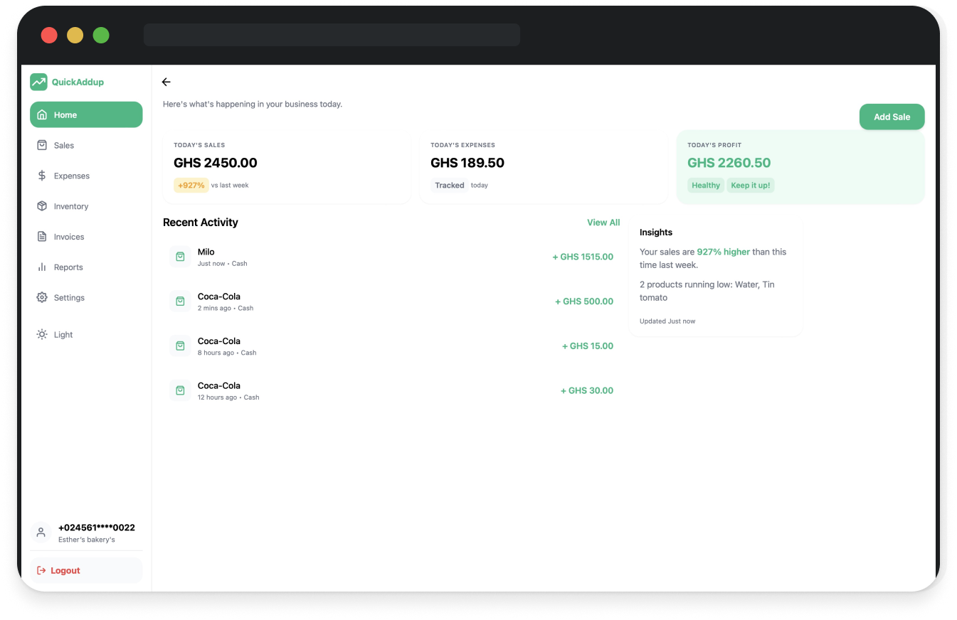 QuickAddup sales tracking dashboard