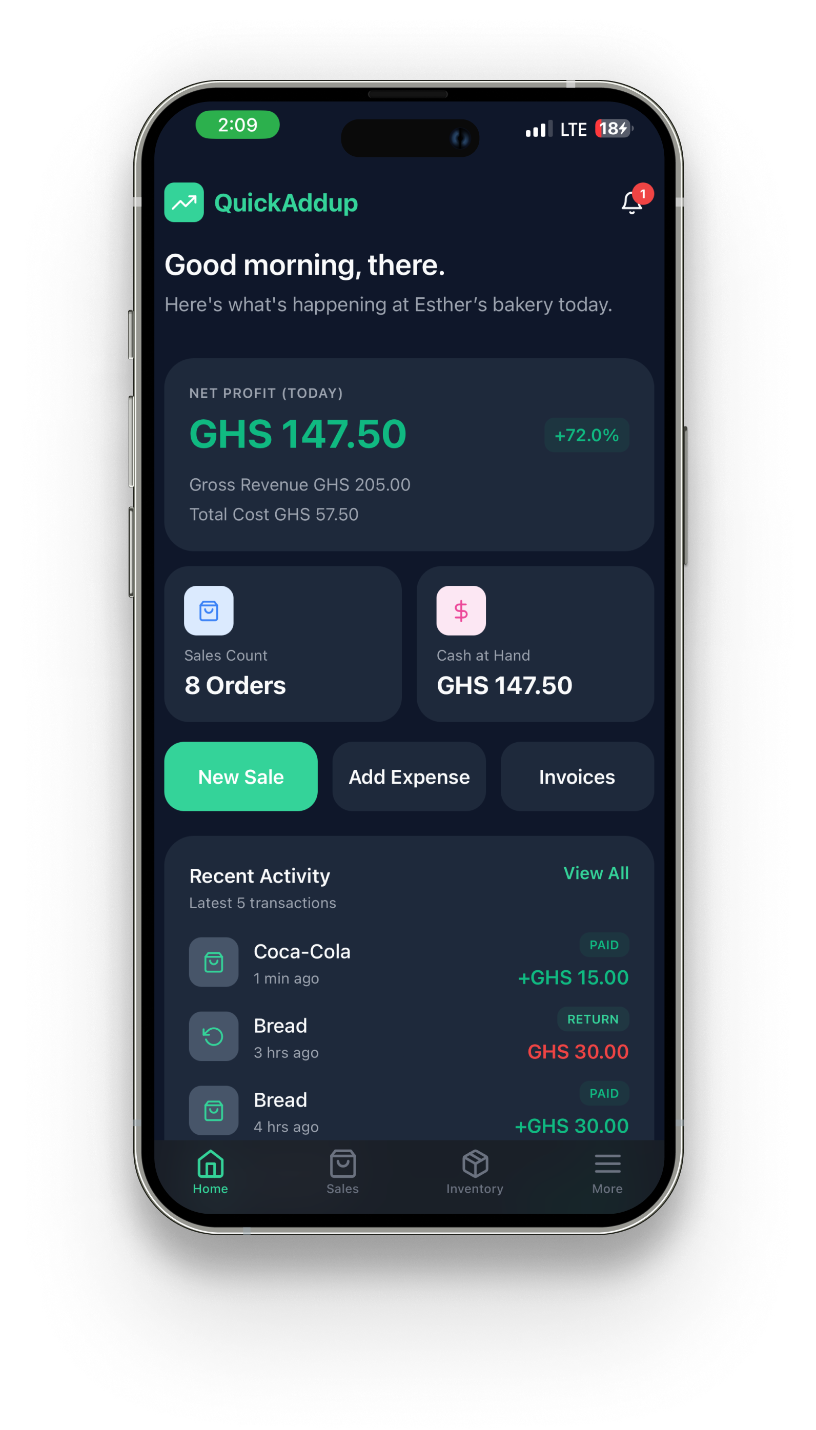 QuickAddup mobile app dashboard showing business metrics, sales count, cash at hand, and recent activity